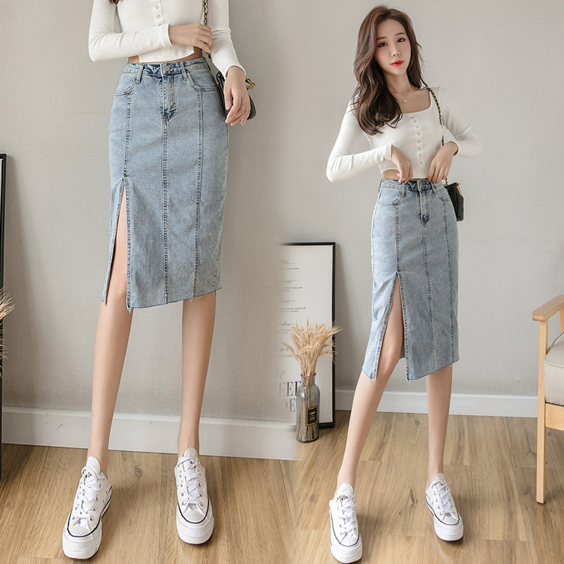 High waist denim skirt women's autumn and winter 2022 new Korean version of the fashion show thin one-step skirt
