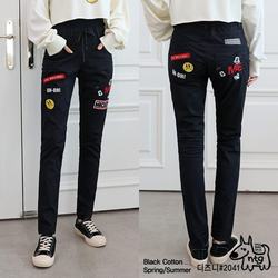 ເກົາຫຼີໃຕ້ NTG ຈັດຊື້ 2024 Spring and Summer Women's Black Elastic Waist High Waist Stretch Cartoon Embroidered Small Foot Casual Pants