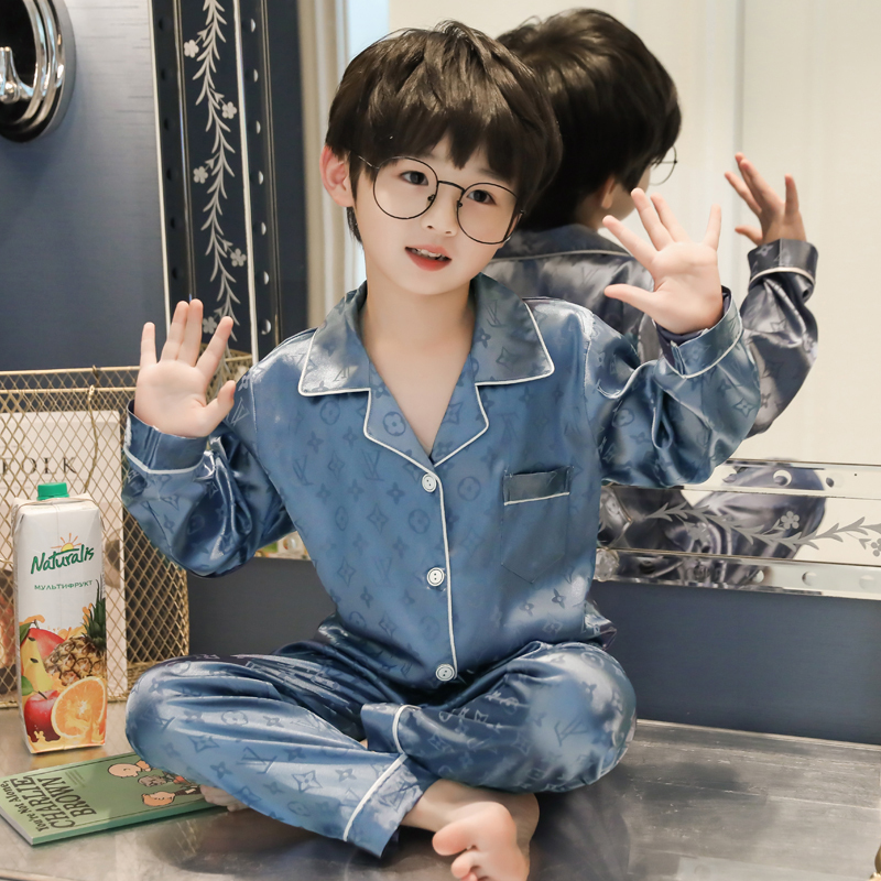 Boys' Pajamas Spring and Autum Long-Sleeved Kidsren's Ice Silk Thin Summer Boys' Junior High School Students and Teenagers Home Wear Set