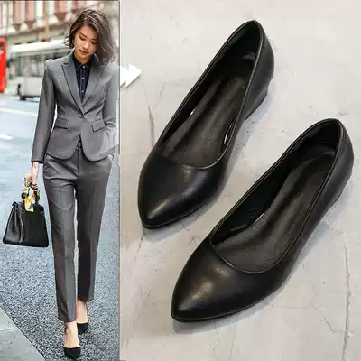 Black small leather shoes female British style Japanese female jk thick heel single shoes flat bottom pointed shallow work shoes soft leather soft bottom