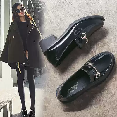 Small leather shoes female British style rough heel loafers shoes thick bottom with skirt black 2021 new summer jk professional thin model