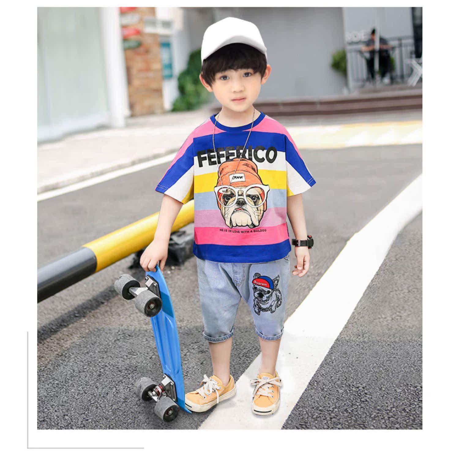 Quần áo bé trai mùa hè 2019 mới 3 trẻ lớn 4 trẻ 5 quần áo thủy triều 6 tay ngắn 7 hai bộ 8 tuổi - Phù hợp với trẻ em bộ nỉ bông cho bé