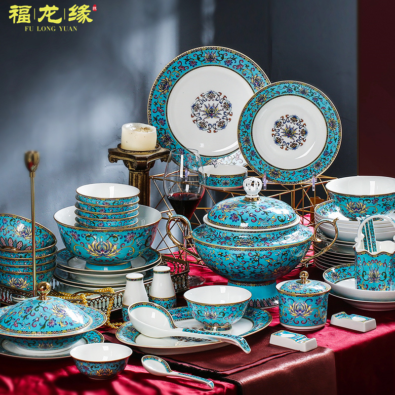 Fulongyuan Jingdezhen tableware and dishes set household ceramic bone china high-grade enamel bowls and chopsticks gifts