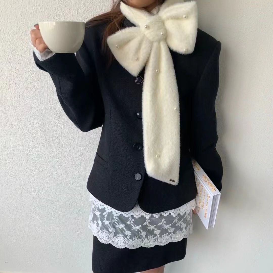 New bow-knot premium warm autumn and winter versatile student thick Korean style shawl pearl two-in-one scarf neck warmer