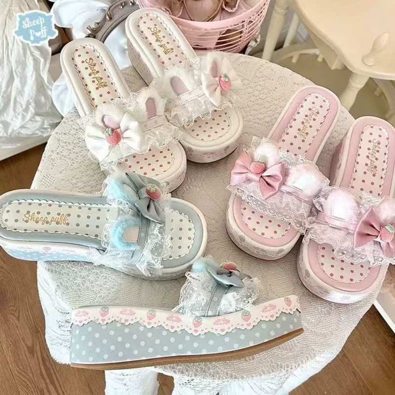 [Strawberry Bunny] Оригинальные лолиская обувь с толстой подошвой и мягкими зайчиками уши кружевные босоножки в горошек