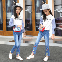 Spring fashion new 2021 girls jeans children embroidered horn trousers spring and autumn 6-15 years old