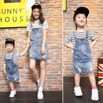 New 2021 girls denim strap skirt mother womens summer dress child parent-child dress hole sling skirt tide boy