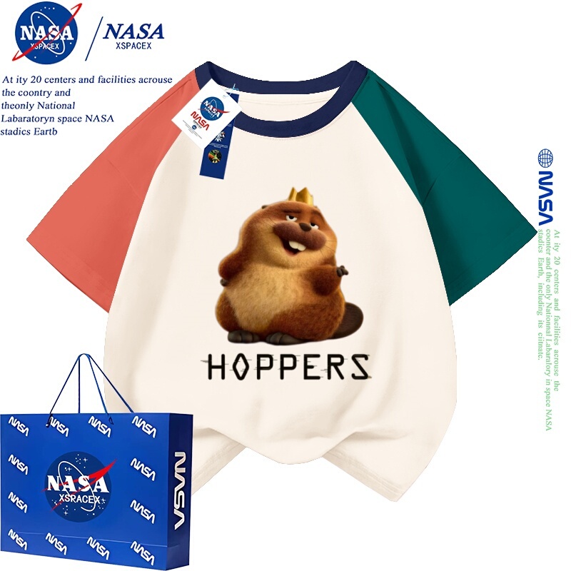 Nasa Co-Branded Beaver Transformation Project George King Summer Casual Short-Sleeved Cotton T-Shirt with Round Neck for Boys and Girls