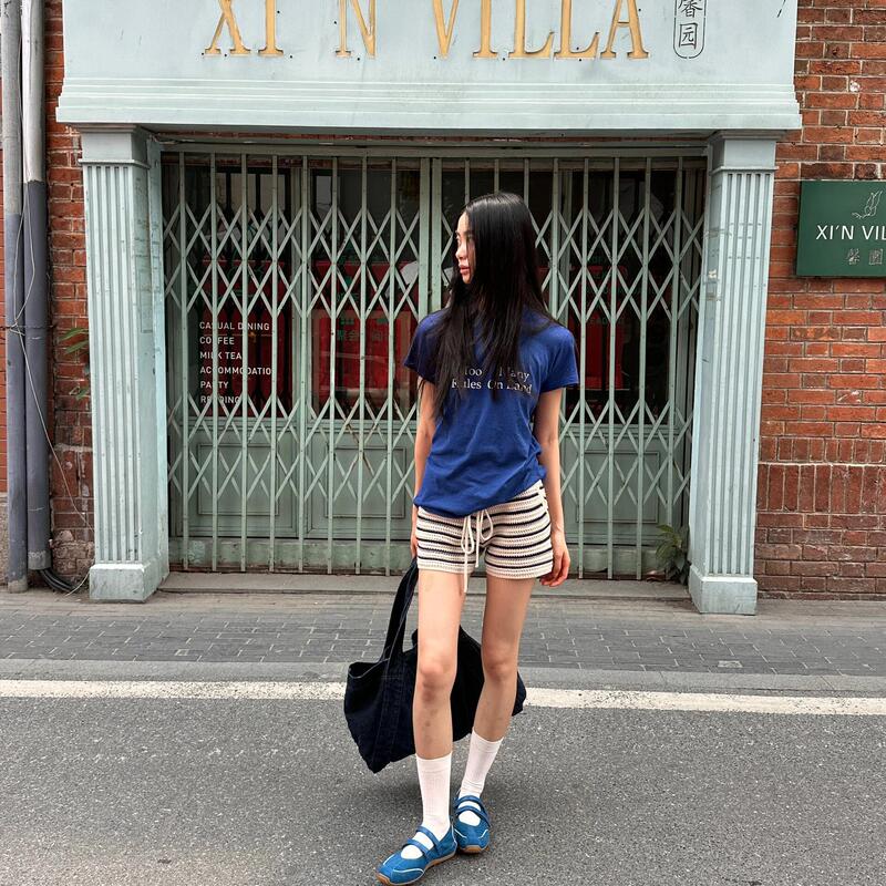 Japanese Retro Bohemian Crochet Striped Casual Shorts Summer High-Waisted Drawstring Sweet and Spicy Versatile Straight-Leg Pants