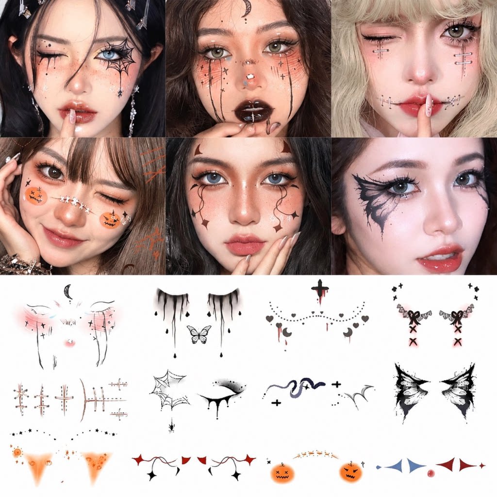 Halloween pumpkin temporary tattoos, cute cartoon eyeliner stitching, plush toys, party bar Halloween makeup face stickers