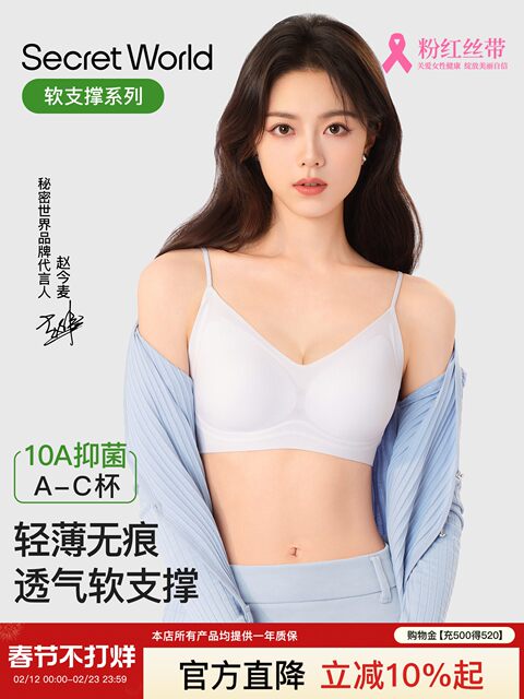Zhao Jinmai's Same Style~Secretworld Women's Underwear for Small Busts, Seamless Invisible Thin Straps, Beautiful Back Bra