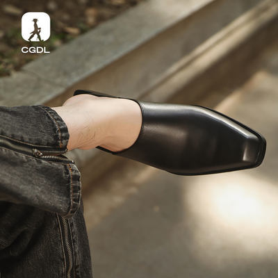 Original design: Black full-head half-slipper, men's head cowhide slipper, fashionable flat flip-flops, small leather shoes without heels