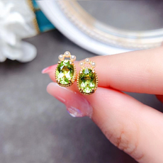 Серьги 天然橄榄石耳钉女珍珠925纯银镀18k黄金镶绿宝石水晶耳饰日韩简约