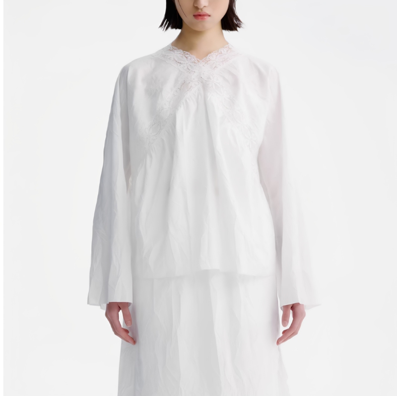 Ms. In-Stock Pleated White Cotton Lace Patchwork Top