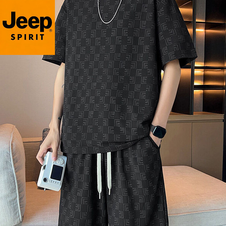 Jeep Jeep Spirit Ice Silk Casual Suit Summer Printed Short-Sleeved Shorts Two-Piece Set Men's Handsome Sportswear Jeep Jeep Spirit Ice Silk Casual Suit Summer Printed Short-Sleeved Shorts Two-Piece Set Men's Handsome Sportswear