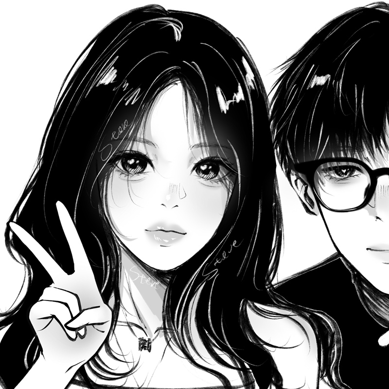 Hand-Drawn Comics, Black and White Comics, Couple's Double Portrait Hand-Drawn Comics, Black and White Comics, Couple's Double Portrait