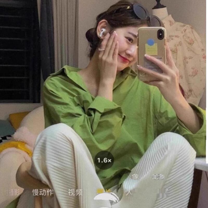 Spring and Autumn New Korean Style Long-Sleeved Shirt with Polo Collar, Loose Fit, Green, Skin-Friendly, Stylish, High-End Feel, Sun-Protective Jacket