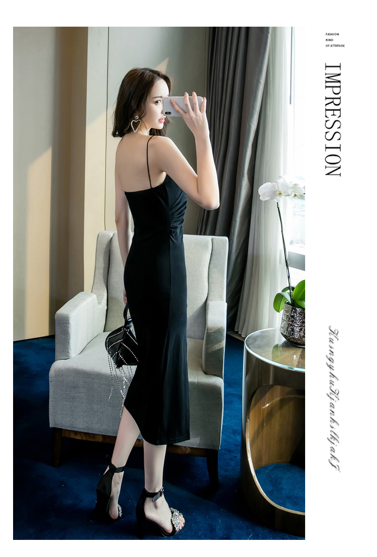 VK旗艦店 韓系復古修身開叉下擺長版細肩帶無袖洋裝