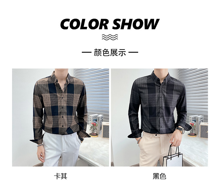 Description Picture 4 of itemHigh Quality Long Sleeve Classic Plaid Men Dress Shirts Business Formal Wear Slim Fit Casual Office Blouse Homme Club Tuxedo New