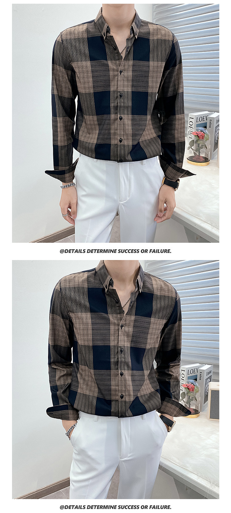 Description Picture 6 of itemHigh Quality Long Sleeve Classic Plaid Men Dress Shirts Business Formal Wear Slim Fit Casual Office Blouse Homme Club Tuxedo New