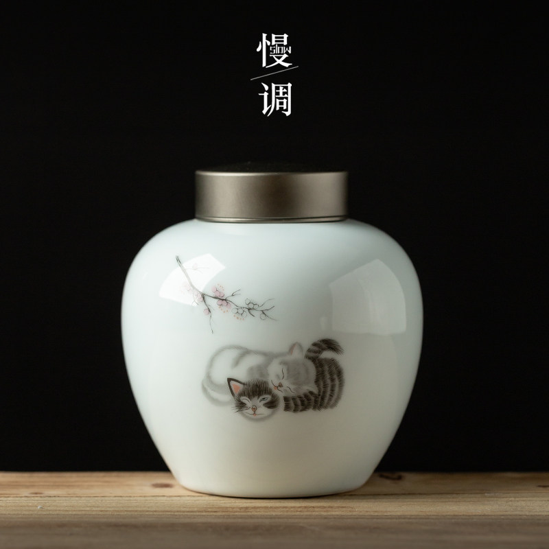 Slow Tone Tea Leaf Jars Large Aluminum Lid Seal Pot White Porcelain Deposit Tea Pot Pu'er Retro Awoke Tea Jar Ceramic Tea Barn Home