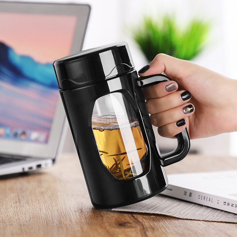 Double glazed glass cup large capacity male upscale minimalist with handle Home Water cup Office with lid Bubble tea cup