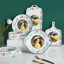 Day Style Dishes Cutlery Suit Home Ceramic Rice Bowls Single Creative Personality Soup Noodles Bowl Tray Combined Fairytale Forest
