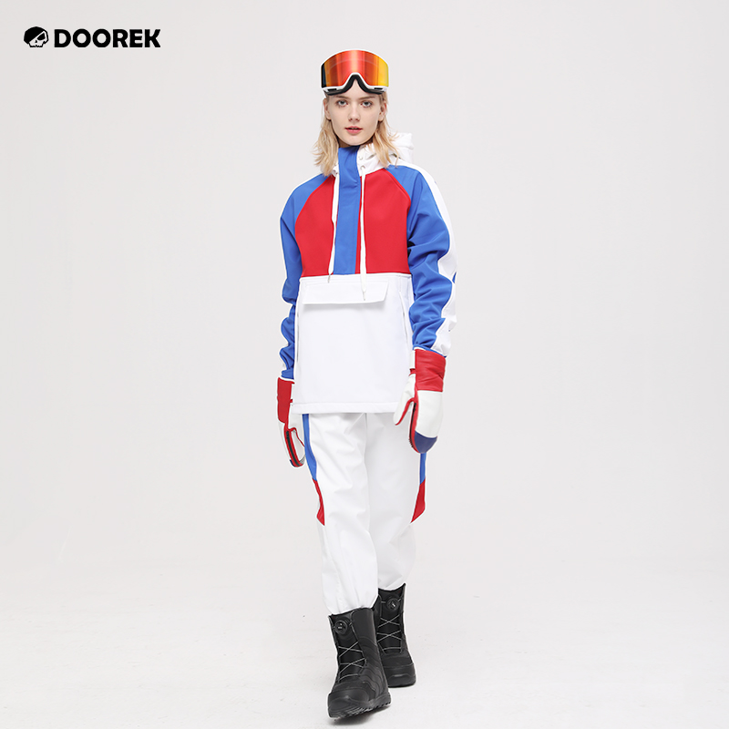 DOOREK's new college-style ski suit blue, white and red men's and women's waterproof plus velvet ski top pants cover