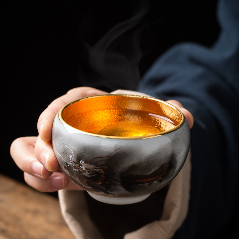 Ink dyed Lingxiang famous Cai Zhiqiang hand-painted Jianzhan Master Cup Dragon and Phoenix Cup 24k golden leaf cup high-end tea cup tea cup