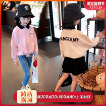 Girls loose sweater spring new childrens Korean version of the tide lapel short long-sleeved mid-large childrens foreign style spring and autumn top