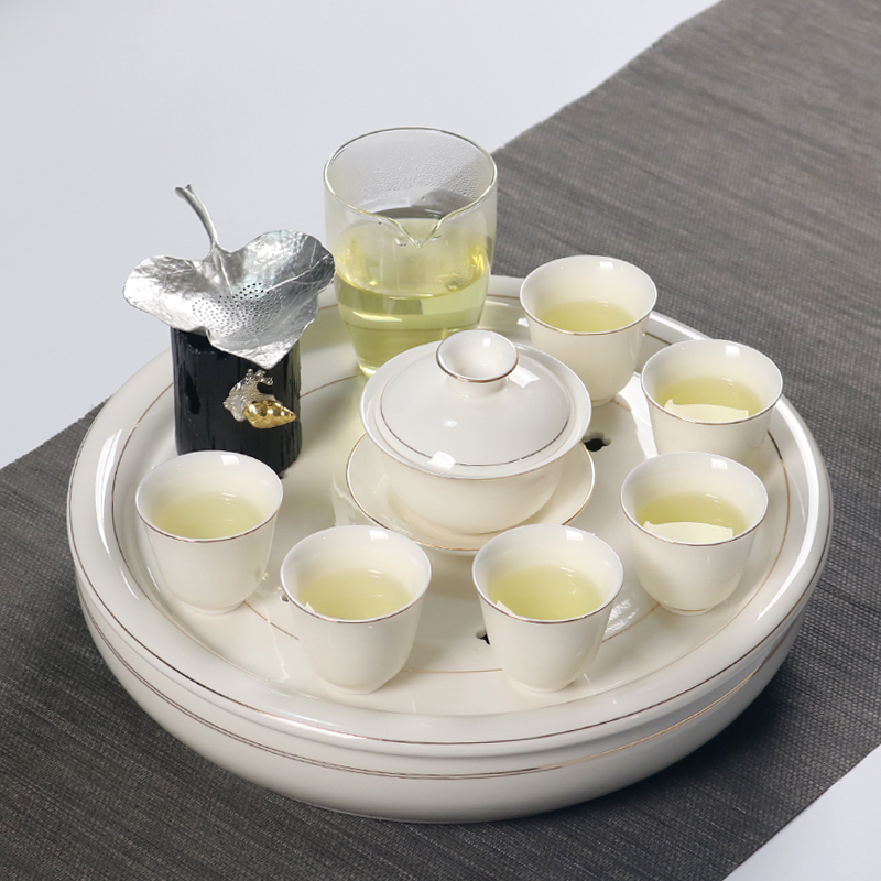 Dehua suet white porcelain tea set suit modern household contracted sitting room kung fu tea tureen with pure white tea tray
