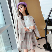 Girls set college style childrens autumn clothes 2021 new foreign style middle child Plaid small suit jacket two-piece set