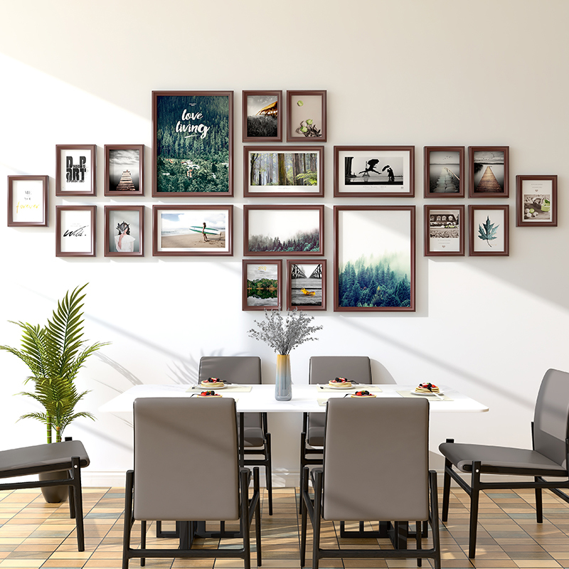 Nordic Style Restaurant Wall Decoration, Photo Wall Made from Washed Photos, Creative No-Drill Solid Wood Photo Frame Wall Hanging Set