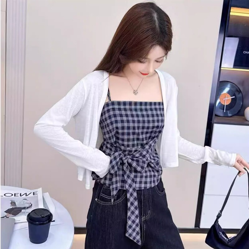 French-Style Fashion Simple Plaid Camisole for Women 2025 Autumn New Design Waist-Cinching Slimming Hot Girl Outerwear