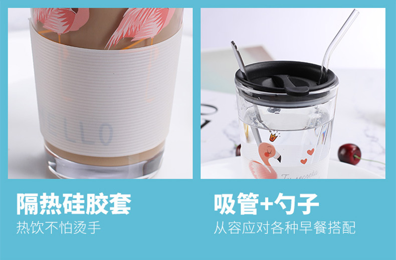 韩国清新可爱女学生玻璃杯刻度水杯家用耐热早餐牛奶带盖吸管杯子商品详情图