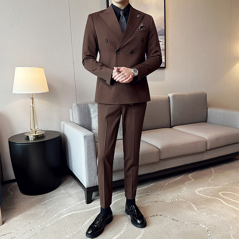 Double-Breasted Suit with Peaked Lapel, Mature and Stable Men's Business Attire, Casual Suit, Korean Style Slim-Fit Jacket