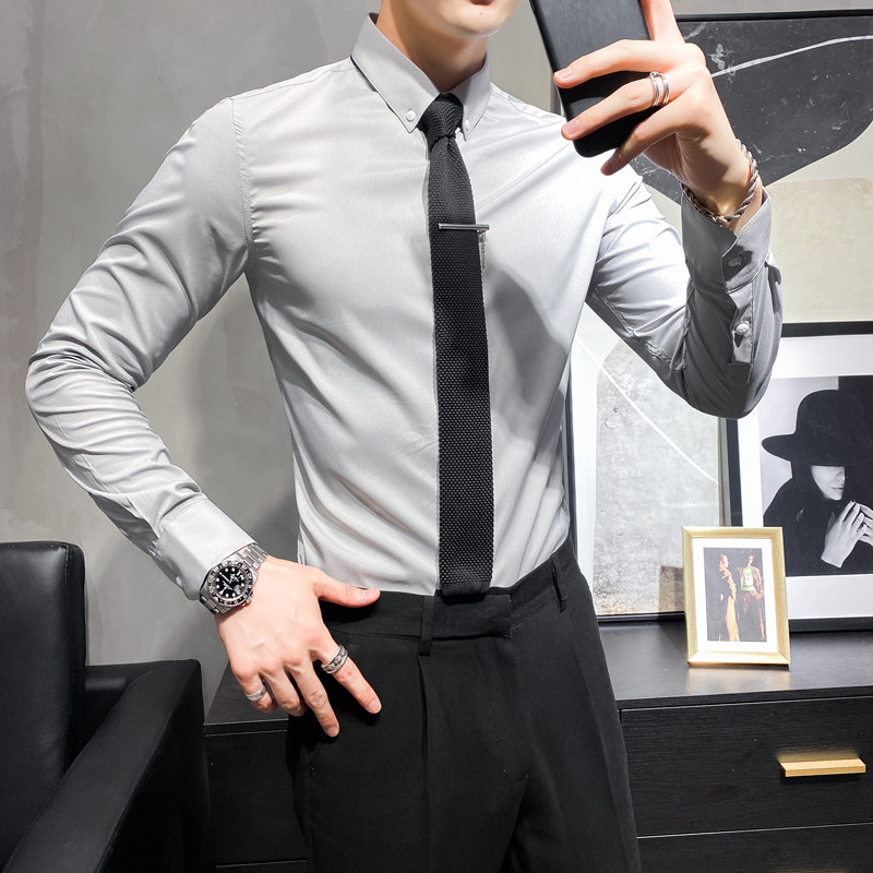 Business casual shirt male long sleeve Korean version trendy fit in a white shirt suit with a hitch bottom shirt