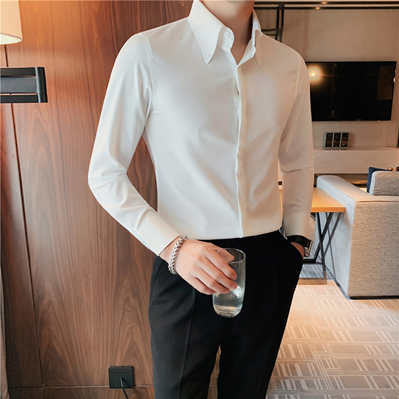 Solid Color Long-Sleeved Shirt for Men, High-Neck Suit Inner Shirt, Korean Style Slim Fit Business Formal Casual Base Shirt