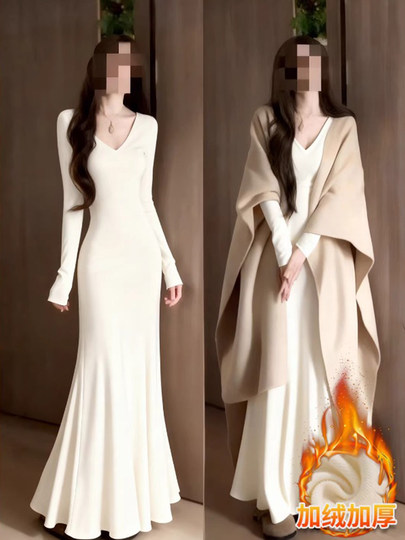 白色步步生莲鱼尾连衣裙女秋冬季内搭针织加绒加厚包臀长裙子长款