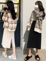 2019 high waist slim skirt long autumn Joker Hong Kong flavor a character woolen dress ins Super fire