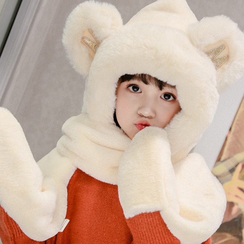 Children's hat little bear style autumn and winter cute net red three-piece set of boys and girls ear protector hat bib neck scarf in one tide