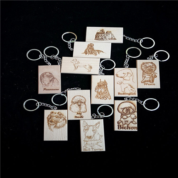 Pet Wooden Sign Engraving Dog Image Keychain Tag Multi-breed Dog Buckle Ring Pendant Dog Tag
