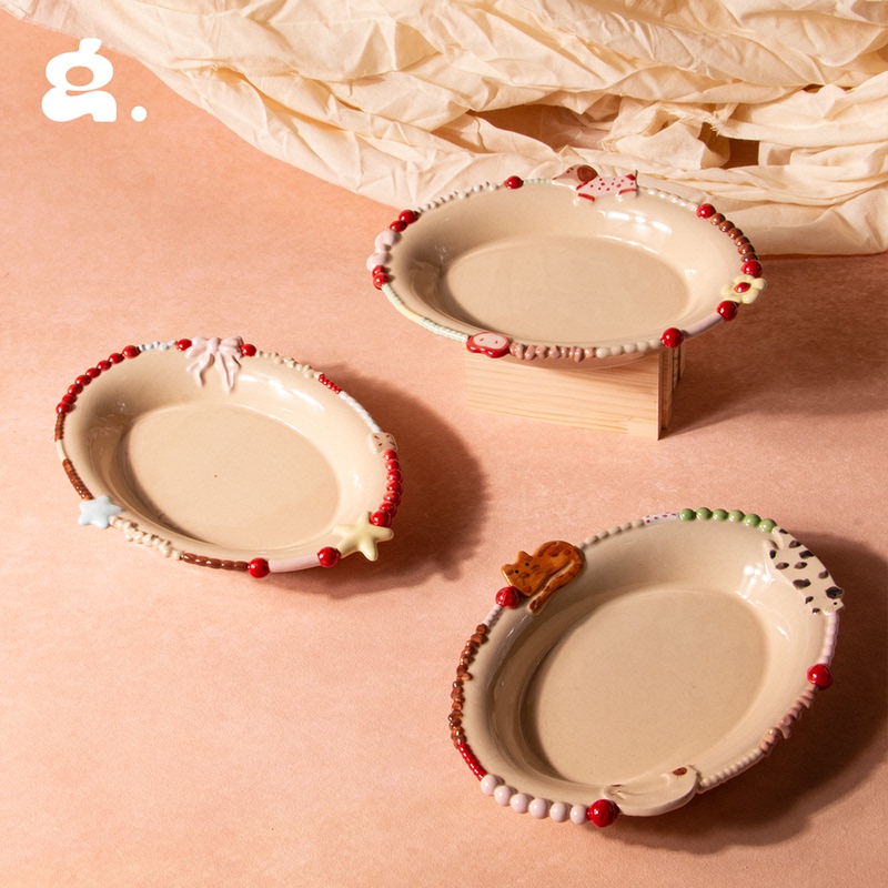 Congstudio Pure Handmade Korean-Style Ceramic Beaded Cup and Plate Tableware Salad Dish Oval Plate Underglaze Color Gift