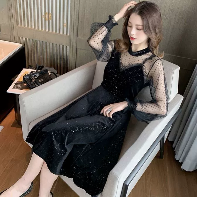Váy nhung vàng giả hai mảnh phối lưới cổ chữ V hàn quốc ren sling nữ váy chữ A 2020 - A-Line Váy