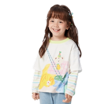 Balabala girls long-sleeved T-shirt 2024 new childrens clothing fashionable contrasting fake two-piece tops trendy