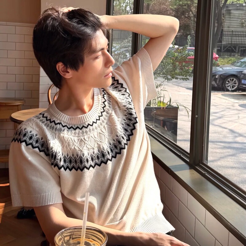 Ifwt Fair Isle Wool Blend Old Money Style Ice Silk Short-Sleeve Versatile Summer Boxy T-Shirt for Men and Women