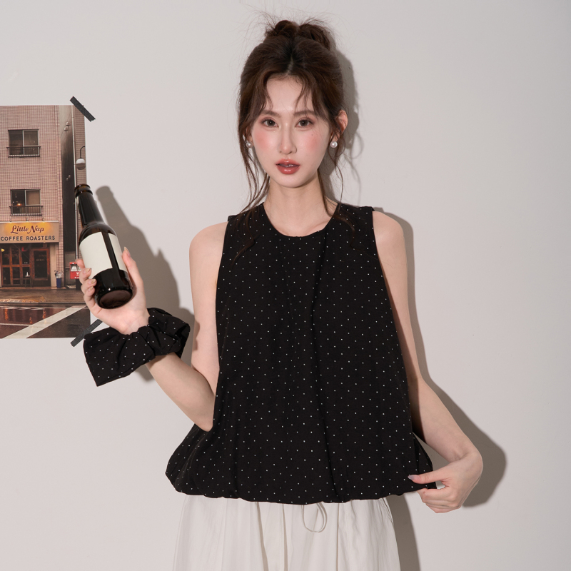 Zhou Baibai Korean-Style Age-Reducing Design Sweet Polka Dot Floral Tank Top for Women Summer Round Neck Sleeveless Shirt Top