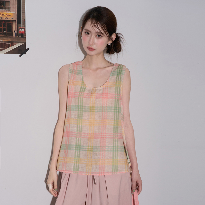 Zhou Bai Bai Sweet Style Irregular Colorful Plaid Vest for Women, Summer Youthful Sleeveless Round Neck Beautiful Top Zhou Bai Bai Sweet Style Irregular Colorful Plaid Vest for Women, Summer Youthful Sleeveless Round Neck Beautiful Top
