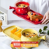 ezicok salad bowl Household creative soup noodle bowl Personality breakfast tableware Ceramic noodle bowl Cute polka dot handle bowl