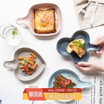 ezicok Ceramic plate Nordic tableware Creative home baked rice plate Pasta plate with handle Breakfast plate